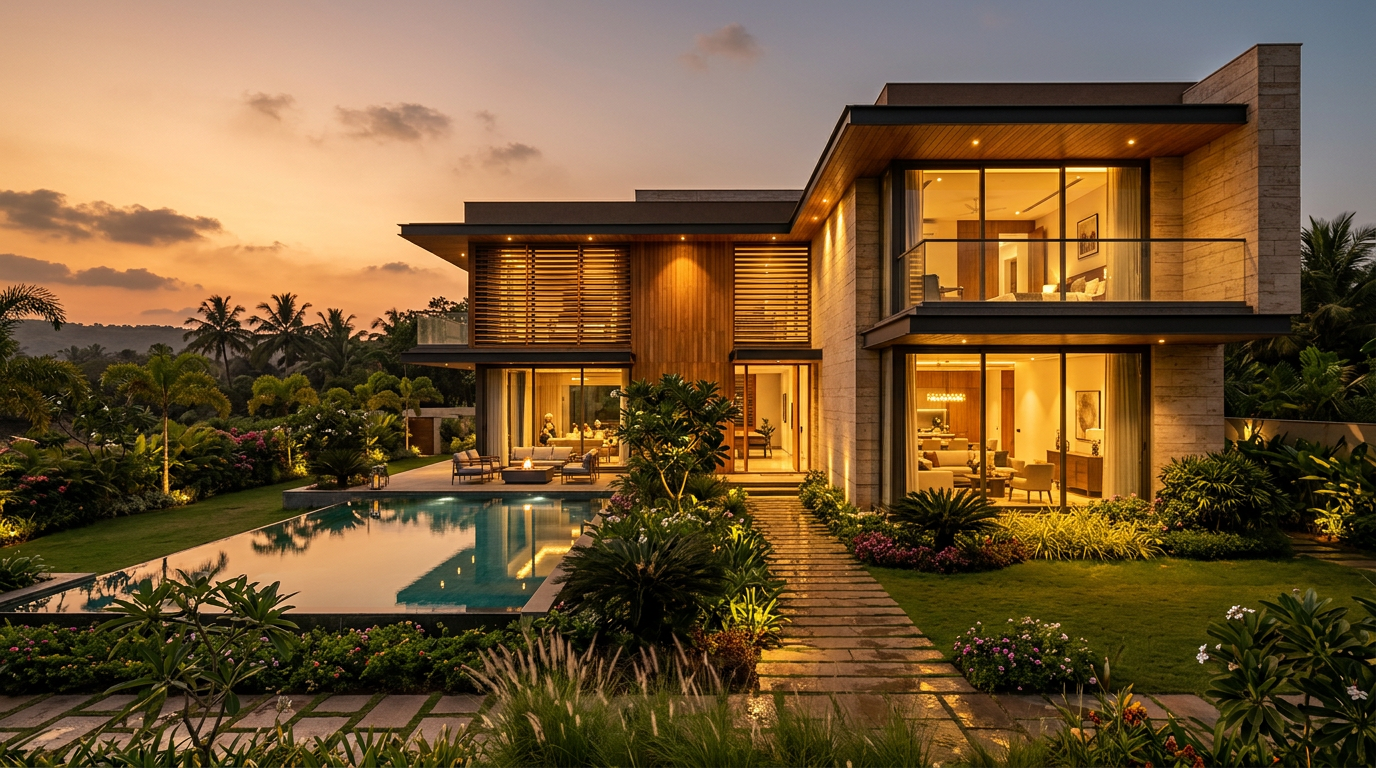 Warm modern villa exterior at golden hour