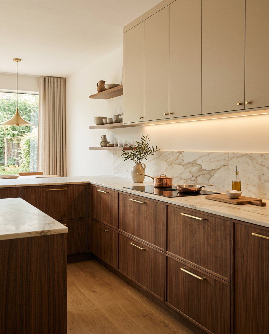 Beige and walnut modular kitchen